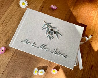 Personalised Embroidered Guestbook/Memory Book - Olive Branch Design - A5 Hardcover With Ribbon Tie Closure