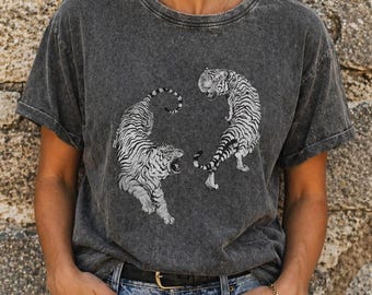 Denim Tiger Yin Yang T-Shirt,  Zen Balance Graphic Tee.