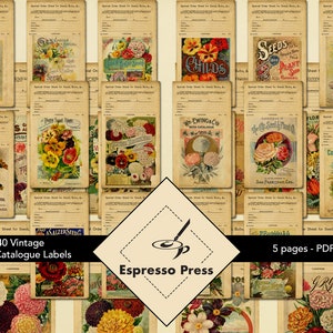 40 étiquettes de catalogue de semences vintage, fleurs, étiquettes numériques imprimables, vintage, étiquettes, papiers pour travaux manuels, scrapbooking, journal indésirable - PDF uniquement