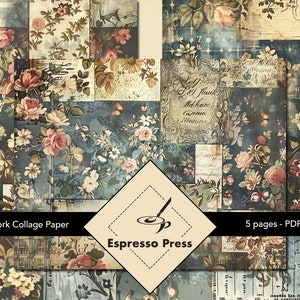 Patchwork Collage Papers - PDF only, Papers, Flowers, Mixed Media, Text, Paint, Multicolor, Papers, Crafts, Scrapbook, Junk Journal