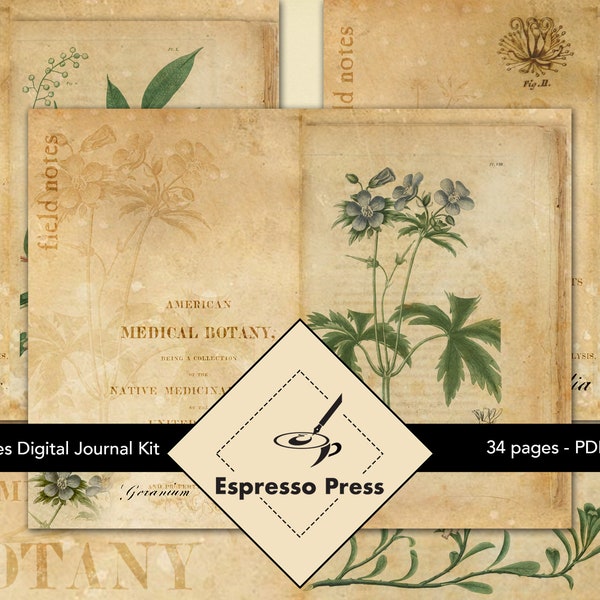 Field Notes Digital Journal Kit - PDF only, Papers, Wildflowers, Botanicals, Birds, Vintage, Crafts, Scrapbook, Junk Journal