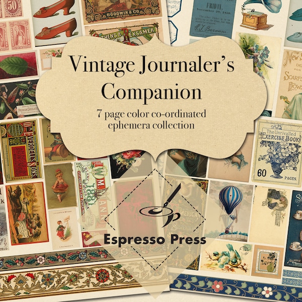 Vintage Journaler's Companion 7 Page Color Co-ordinated Ephemera - ZIP link and PDF only link in PDF product sheet