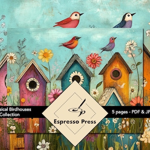 Whimsical Birdhouses Collection - Papiere, Vogelhäuser, Vögel, Blumen, Mehrfarbig, Illustrativ, Papiere, Kunsthandwerk, Scrapbook, Junk Journal