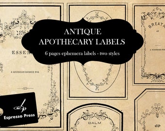 Antique Apothecary Labels - Digital Download Printables - Vintage Type - New 2023 PDF Only