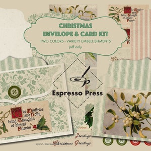 Christmas Envelope And Card Kit - PDF only - Two Colors - Variety Embellishments - Digital Paper Craft Kit