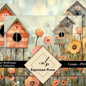 Garten Vogelhäuser Papiersammlung - Vogelhaus, Blumen, Pastell, Aquarell, skurril, Illustrativ, Handwerk, Sammelalbum, Junk Journal
