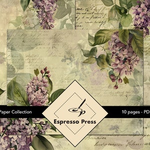 Lilacs Paper Collection - PDF only, Papers, Watercolor, Leaves, Flowers, Text, Lilac, Floral, Crafts, Scrapbook, Junk Journal