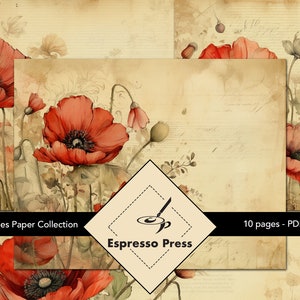 Rote Mohnblumen Papiersammlung - PDF only, Papiere, Aquarell, Blätter, Blumen, Text, Mohnblumen, Floral, Basteln, Scrapbook, Junk Journal