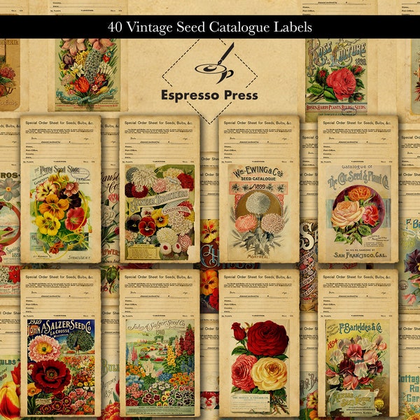 40 Vintage Seed Catalogue Labels, Flowers, Digital Labels Printables, Vintage, Labels, Papers For Crafts, Scrapbook, Junk Journal - PDF Only