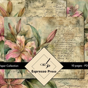 Lilies Paper Collection - PDF only, Papers, Lilies, Leaves, Flowers, Multicolor, Text, Crafts, Scrapbook, Junk Journal