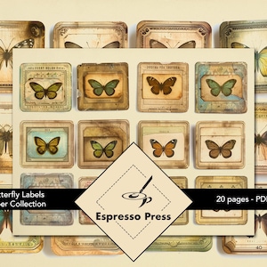 Butterfly Labels Paper Collection - PDF only, Butterfly, Specimen, Labels, Ephemera, Vintage, Multicolor, Crafts, Scrapbook, Junk Journal