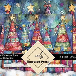 Skurrile Weihnachtsbäume Papiersammlung - Bäume, Weihnachten, Pastell, Aquarell, Mehrfarbig, Illustrativ, Handwerk, Sammelalbum, Junk Journal