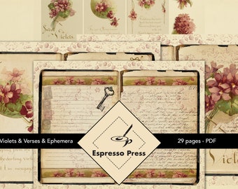 Violets And Verses - 29 Pages, PDF only, Printables, Digital, Vintage, Florals, Verses, Crafts, Scrapbook, Junk Journal