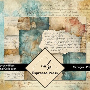 Heavenly Blues Journal Collection - Solo PDF, Blu, Carta strappata, Testo, Motivo, Acquerello, Vintage, Effimere, Artigianato, Album di ritagli, Diario spazzatura