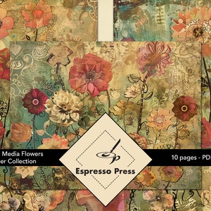 Mixed Media Flowers Paper Collection - PDF only, Flowers, Mixed Media, Text, Paint, Multicolor, Pattern, Crafts, Scrapbook, Junk Journal