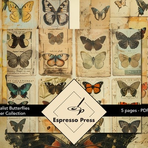 Naturalist Butterflies Paper Collection - PDF only, Papers, Butterflies, Text, Vintage, Multicolor, Crafts, Scrapbook, Junk Journal