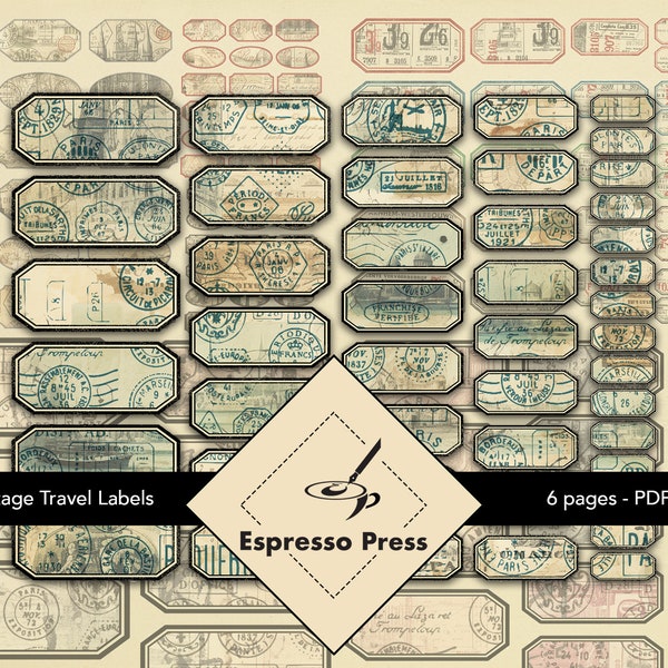 278 Vintage Travel Labels - 6 Pages, PDF only, Printables, Digital, Travel, Postage, Stamps, Vintage, Label, Crafts, Scrapbook, Junk Journal
