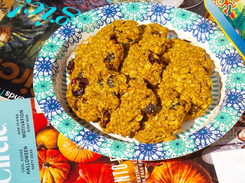 Pu&ograve; includere: Primo piano di un piatto di biscotti all'avena fatti in casa con mirtilli rossi e avena. I biscotti sono su un piatto di carta con motivo blu e verde.