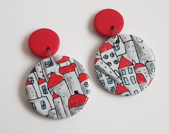 village stamp, polymerclay earrings, light grey earrings, dangle earrings, house earrings, modern earrings, town stamp, city buildings