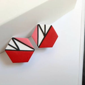 Hexagon earrings, polymer clay earrings, studs earrings, clip on earrings, geometric earrings, modern earrings, pink red earrings, funky