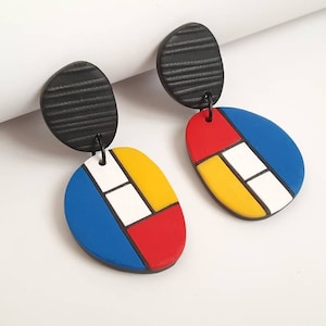 Orecchini borchie, orecchini moderni, orecchini clip on, orecchini quadrati, orecchini fimo, picasso, arte moderna, stile Mondrian