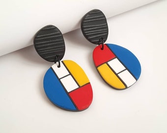 Orecchini borchie, orecchini moderni, orecchini clip on, orecchini quadrati, orecchini fimo, picasso, arte moderna, stile Mondrian