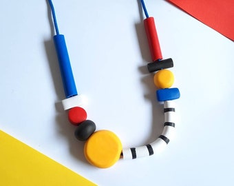 Polymer clay necklace, Mondrian, art necklace, modern necklace, geometric necklace,   Mondrian style, red blue white necklace, aesthetic