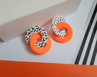 Round polymer clay earrings interlocking, modern earrings, statement earrings, modern art, orange neon hoops, link chain earrings, artsy