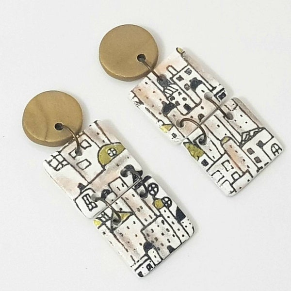 village stamp, polymerclay earrings, gold earrings, dangle earrings, town earrings, modern earrings, town stamp, rectangular earrings