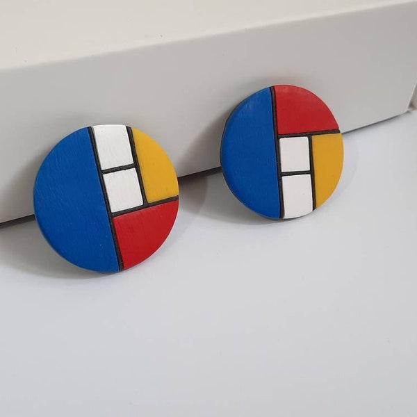 Orecchini borchie, orecchini moderni, orecchini clip on, orecchini unici, orecchini fimo, picasso, arte moderna, stile Mondrian