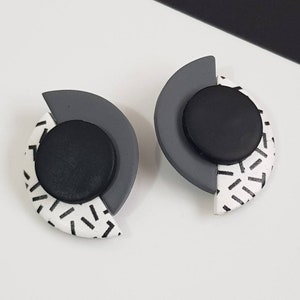 Studs earrings, clip on earrings,  clay earrings, modern earrings, grey black earrings, unique earrings, modern art, minimalist earrings