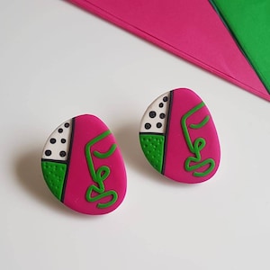 Pablo studs, clip on earrings , earrings modern, earrings face, earrings minimalist, polymer clay earrings, picasso earrings, fuchsia green