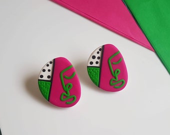 Pablo studs, clip on earrings , earrings modern, earrings face, earrings minimalist, polymer clay earrings, picasso earrings, fuchsia green