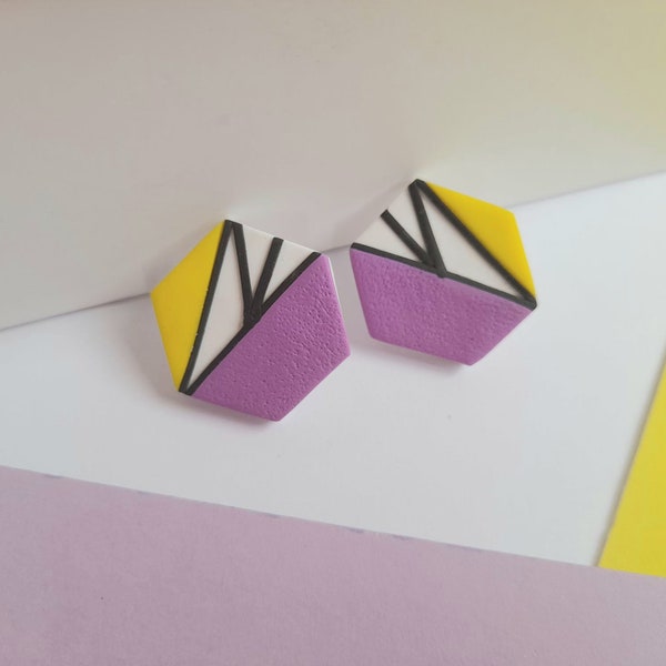 Hexagon earrings, polymer clay earrings, studs earrings, clip on earrings, geometric earrings, modern earrings, yellow lilac earrings, funky