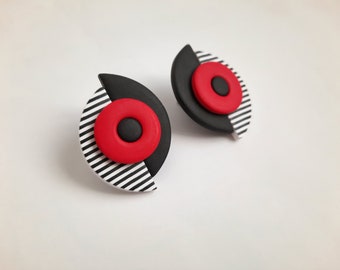 Pendientes de botón, pendientes de clip, pendientes de arcilla, pendientes modernos, pendientes rojos y negros, pendientes únicos, arte moderno, pendientes minimalistas