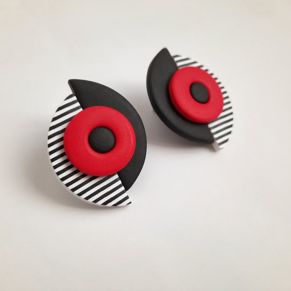 Studs earrings, clip on earrings,  clay earrings, modern earrings, red black earrings, unique earrings, modern art, minimalist earrings