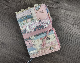 Handmade Floral Spring Junk Journal - Fabric Collaged Sturdy Softcover, 9"x6" - 1 Signature, 88 Pages