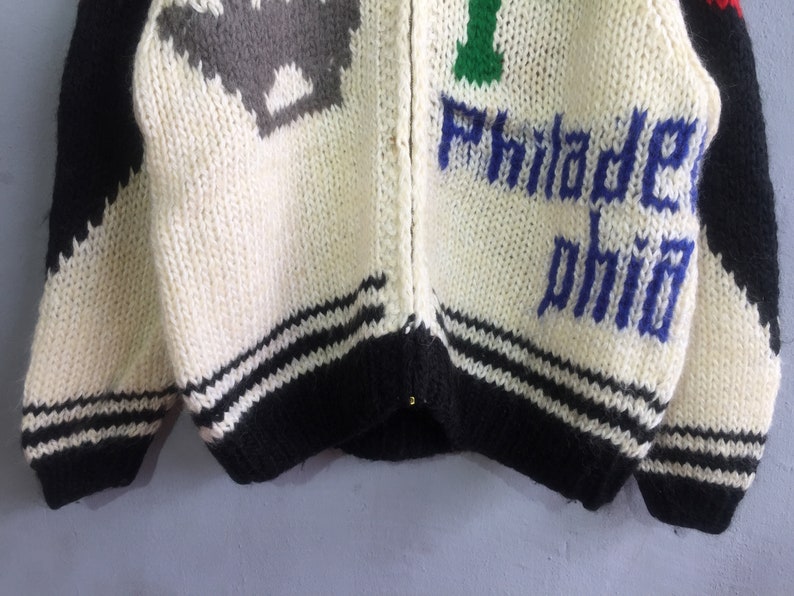 Vintage 90s Philadelphia Cable Knit Cardigan Hand Made Phillies Cardigan Sweater Shawl Collar Philadelphia Zip Up Sweater Oversized White