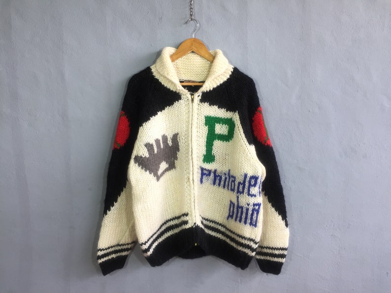 Vintage 90s Philadelphia Cable Knit Cardigan Hand Made Phillies Cardigan Sweater Shawl Collar Philadelphia Zip Up Sweater Oversized White