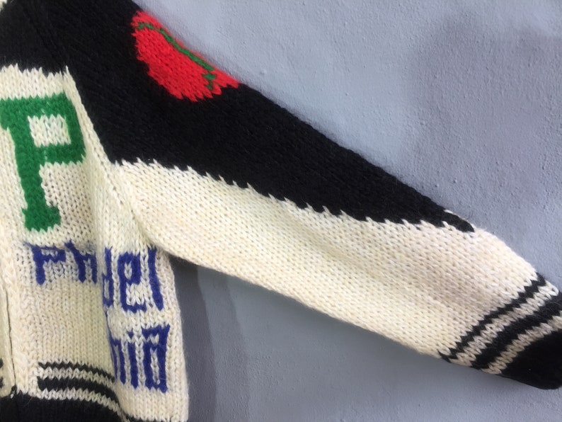 Vintage 90s Philadelphia Cable Knit Cardigan Hand Made Phillies Cardigan Sweater Shawl Collar Philadelphia Zip Up Sweater Oversized White