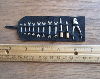 1/12 DOLLHOUSE Miniature Artisan Made Leather Tool Kit Roll With Metal Tools