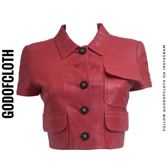 Chanel Red Leather CC Logo Button Crop Jacket
