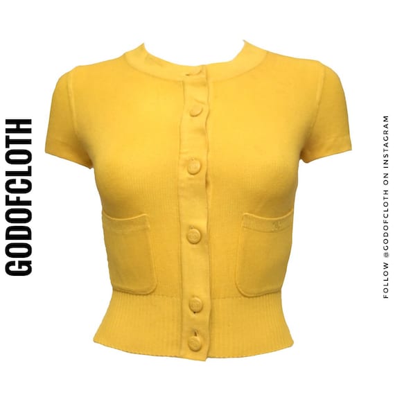 Chanel Yellow Logo Cardigan Short Sleeved Crop Top