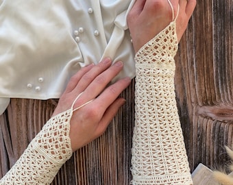 Paire De Gants Mitaines Dentelle Beige – Femme – Taille S – Coton Vintage