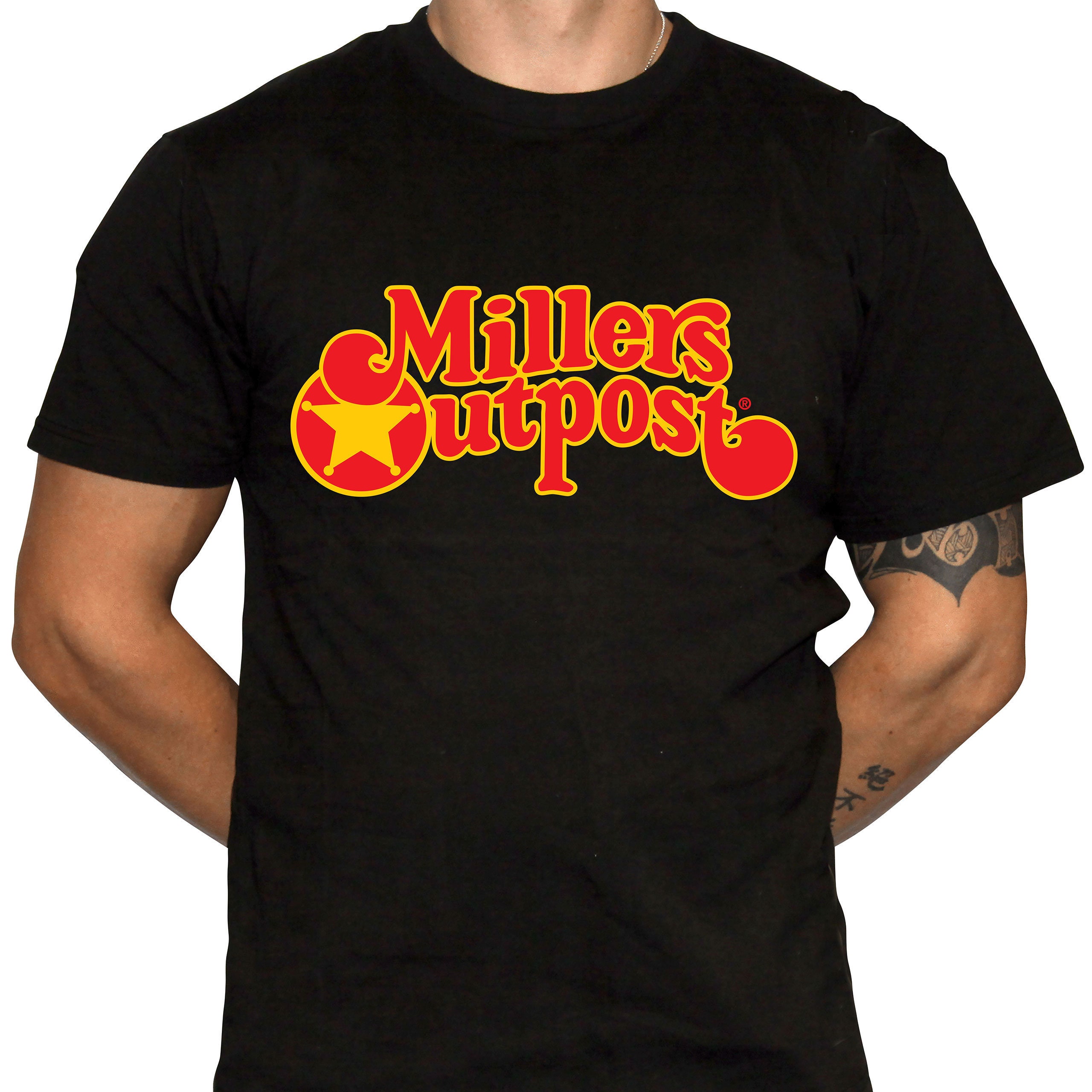 Millers Outpost T-Shirt - Defunct Company Logo - 100% Cotton Gildan Brand  Shirts - FREE SHIPPING!