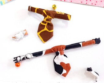 Giraffe Print Cat Collar with Necktie, Calico Kitten Collar, Breakaway Buckle