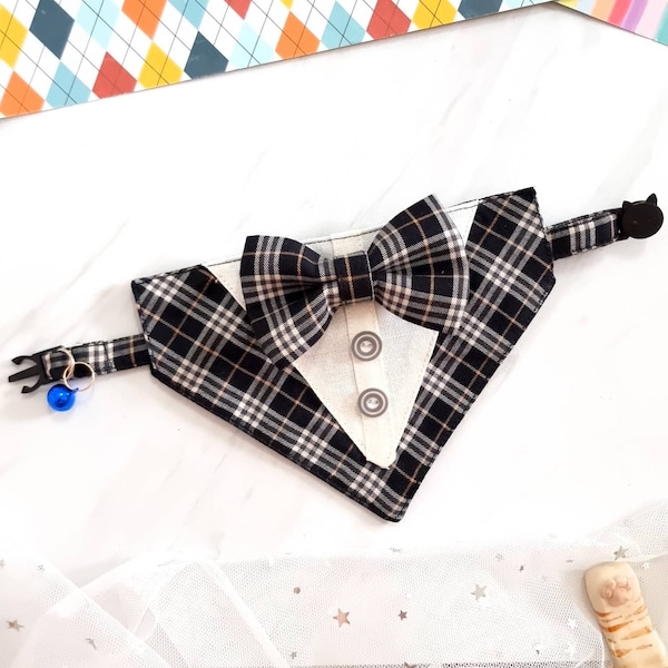 Cat bowtie tuxedo black tartan collar with Breakaway Safety Buckle , for Kitten Adult  cat  Small Dog.