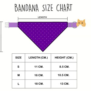 May include: A size chart for bandanas with measurements in centimeters. The chart shows three sizes: small, medium, and large. Each size has a corresponding length and height measurement.