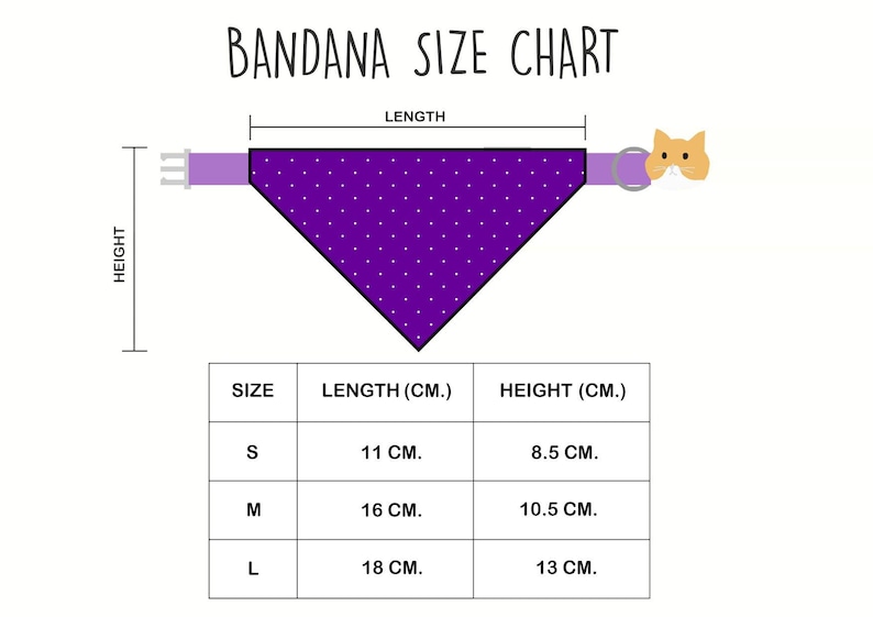 May include: A size chart for bandanas with measurements in centimeters. The chart shows three sizes: small, medium, and large. Each size has a corresponding length and height measurement.
