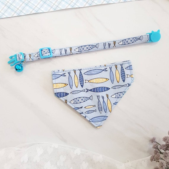 Fish Print Cat Collar Bandana, Breakaway Buckle, Kitten and Small Dog